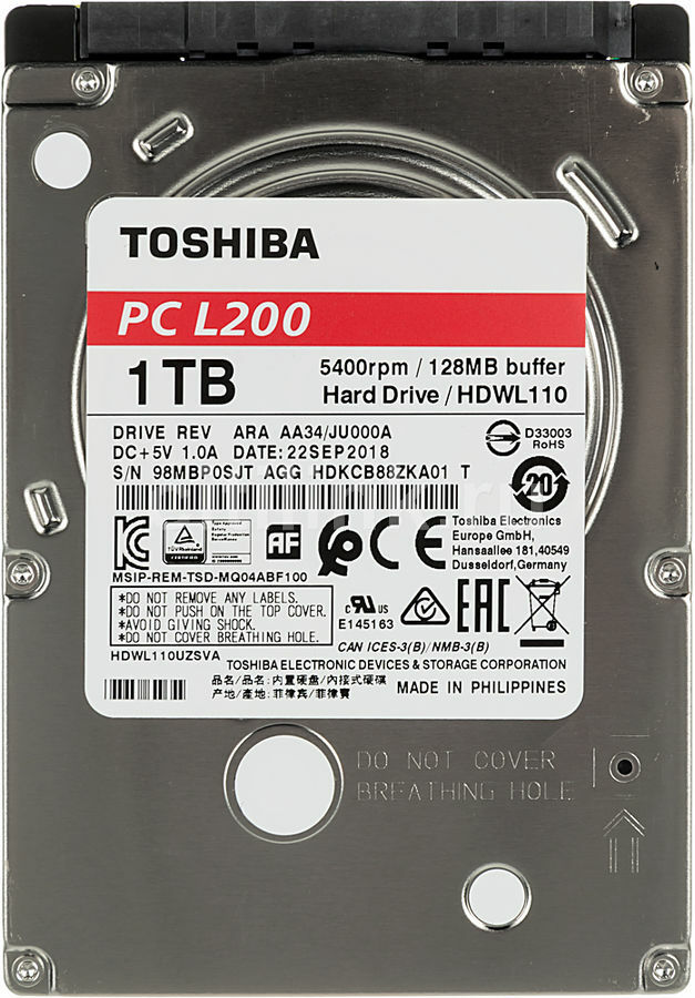 Жесткий диск Toshiba L200 Slim HDWL110UZSVA, 1ТБ, HDD, SATA III, 2.5